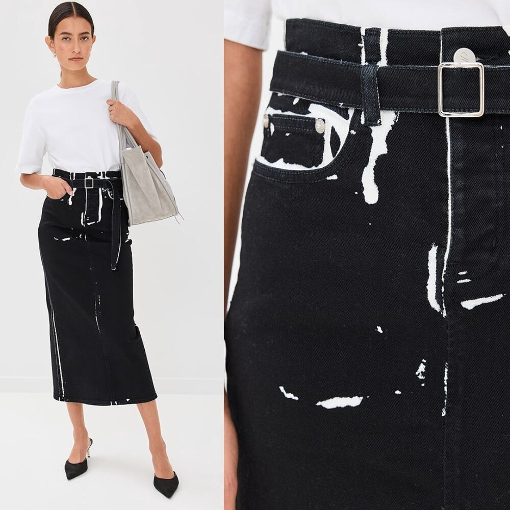 Proenza Schouler | Calder Skirt in Black Multi Contrast Printed Denim Pencil 25
